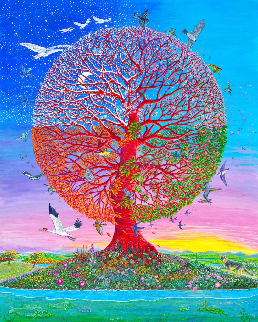 Tree of life painting depicting the four seasons, migrating birds, wildflowers and wildlife.