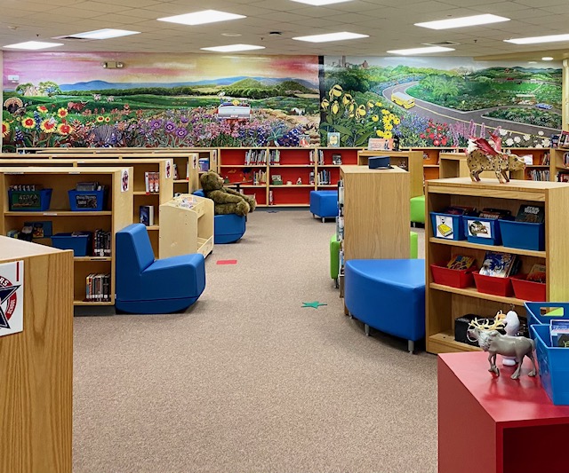 View of Paul W. Ott Elementary LIbrary Murals by Joy Fisher Hein