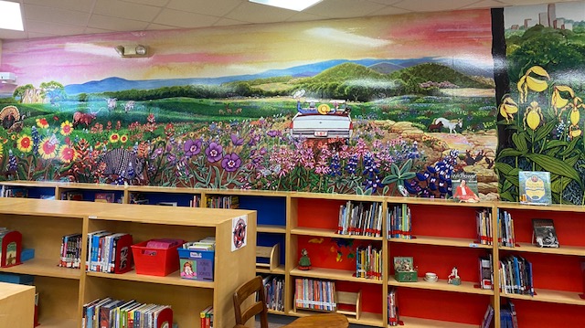 Paul W Ott Elementary Library with Miles of Wildflowers Mural by Joy Fisher Hein