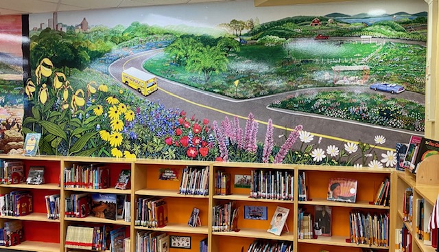 Paul W Ott Elementary Library with Lady Bird Mural by Joy Fisher Hein