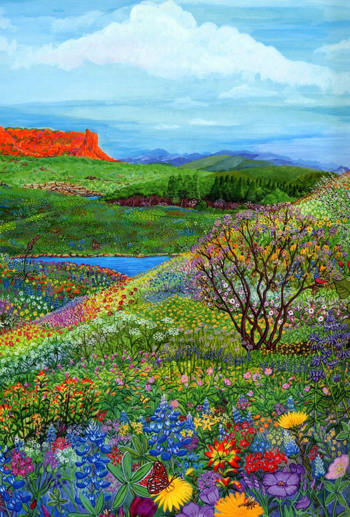 Miles and Miles of Wildflowers, a painting by Joy Fisher Hein, depicting the beautiful wildflowers of Texas.