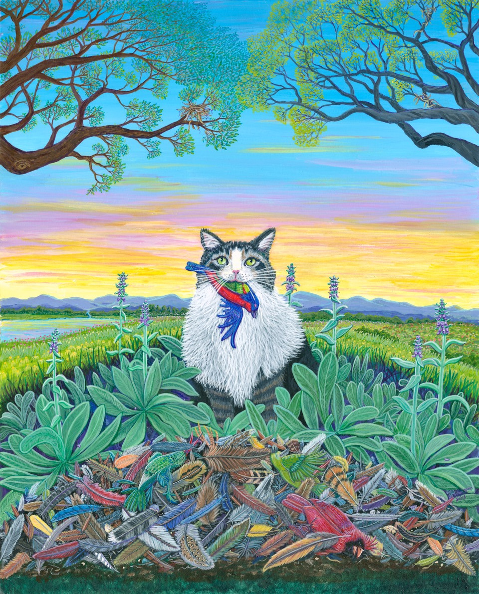 Painting of Cat and Native Birds, by Joy Fisher Hein