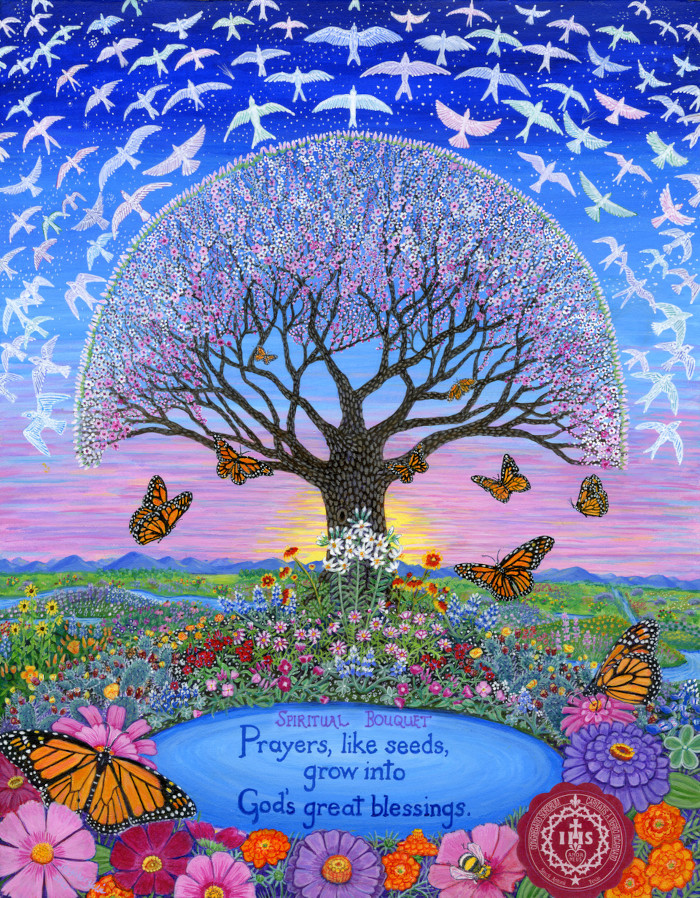 This beautifully detailed painting of native wildflowers, butterflies and birds was created for the Sisters of Charity of the Incarnate Word