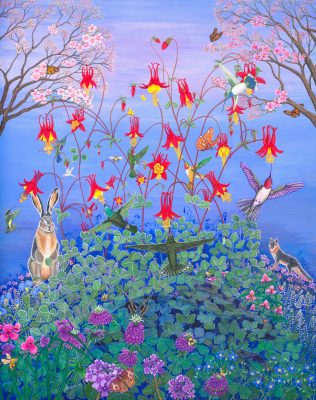 Running Rabbit - A Paintng by Joy Fisher Hein depicting wildflowers, butterflies, hummingbirds and a surprise rabbit!